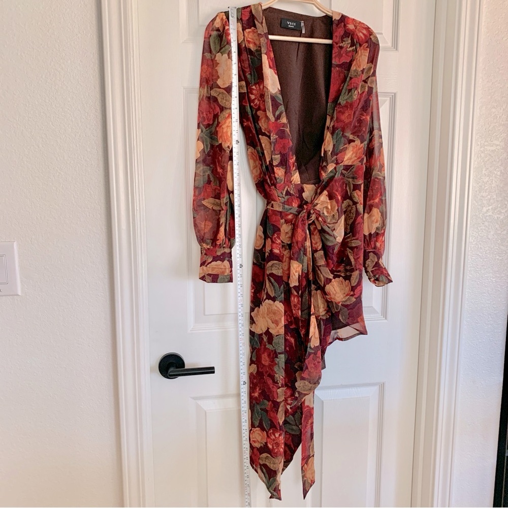 🌾 VICI Red Fall Floral Long Sleeve Asymmetrical Midi Wrap Dress - Picture 9 of 12
